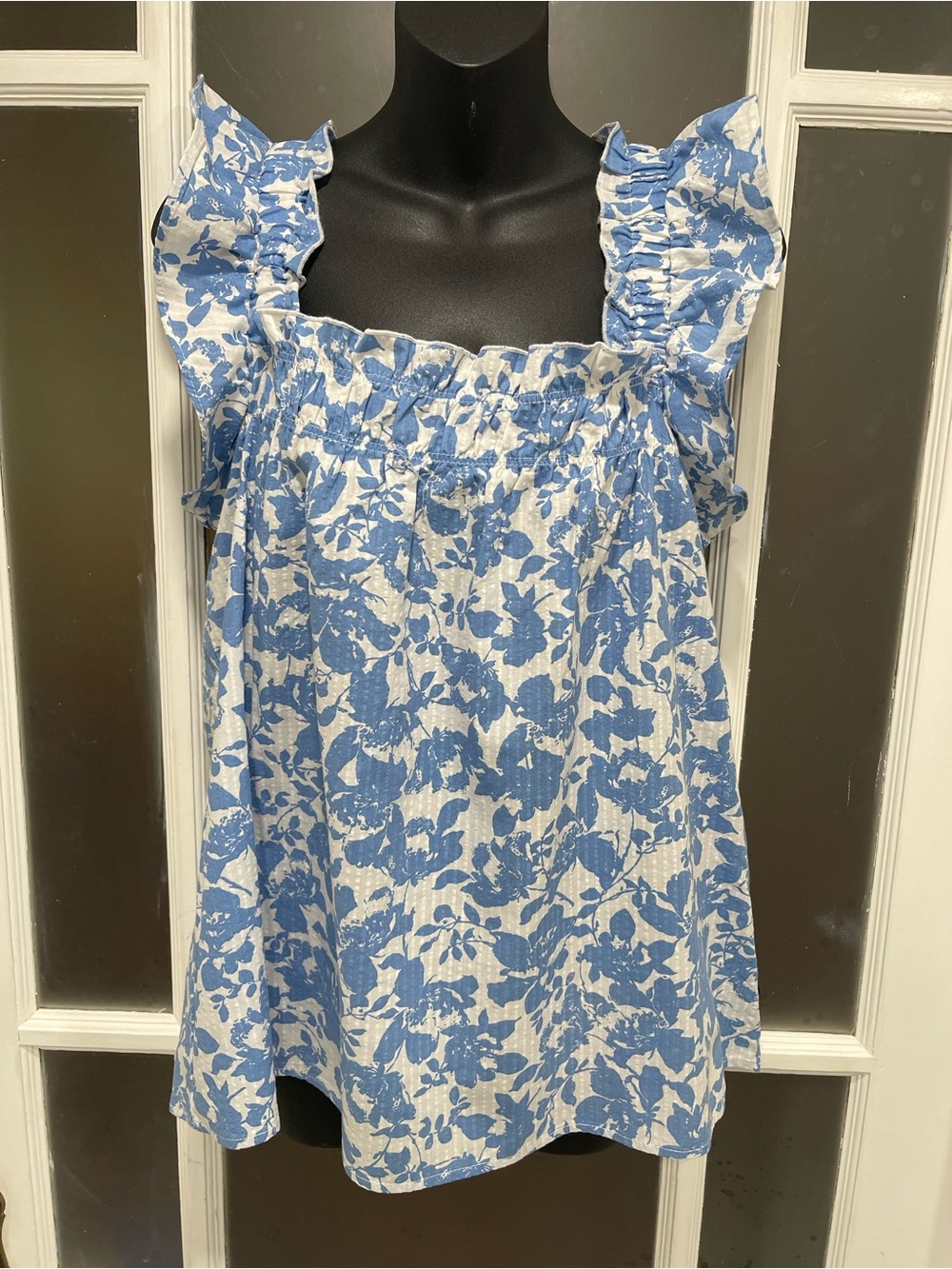 Buffalo David Bitton Blue and White Floral Ruffle-Strap Camisole